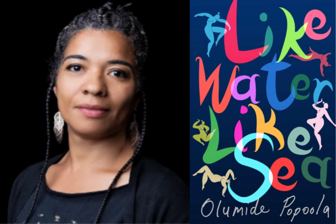 Photo of Olumide Popoola. Image of Like Water Like Sea book cover.